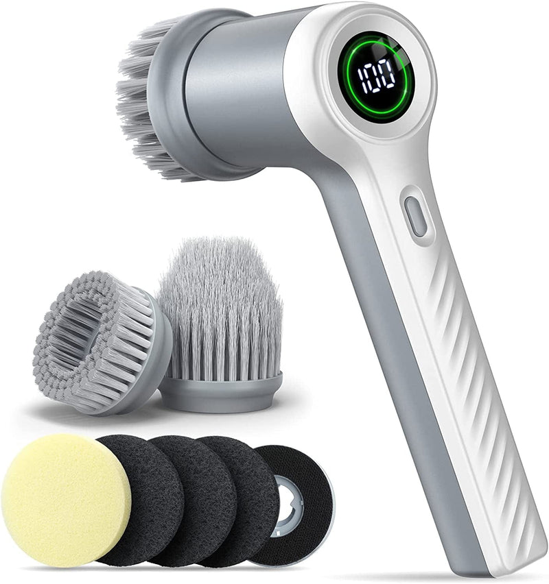 Electric Spin Scrubber Cordless Power Scrubber with 4 Replaceable Brush Heads and 2 Rotating Speeds, Shower Cleaning Brush Cleaner for Bathroom Kitchen Tile Grout Stove Tub Sink Dish, LED Display Home & Garden > Household Supplies > Household Cleaning Supplies Homyeko Gray + White  