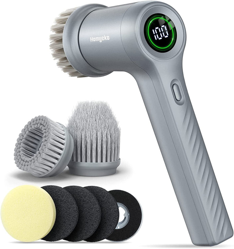 Electric Spin Scrubber Cordless Power Scrubber with 4 Replaceable Brush Heads and 2 Rotating Speeds, Shower Cleaning Brush Cleaner for Bathroom Kitchen Tile Grout Stove Tub Sink Dish, LED Display Home & Garden > Household Supplies > Household Cleaning Supplies Homyeko Gray  