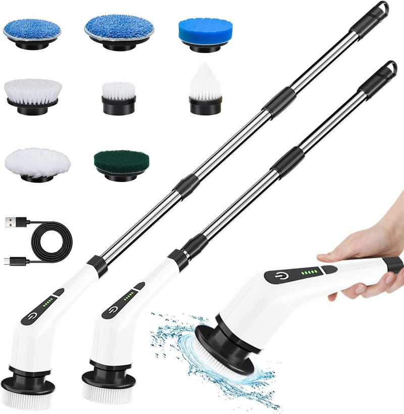 Electric Spin Scrubber, TOPMAKO Cordless Cleaning Brush with 54" Adjustable Long Handle and 8 Replaceable Brush Heads, 2 Rotating Speed Shower Scrubber for Bathroom Tub, Floor, Tile, Kitchen, Car Wash