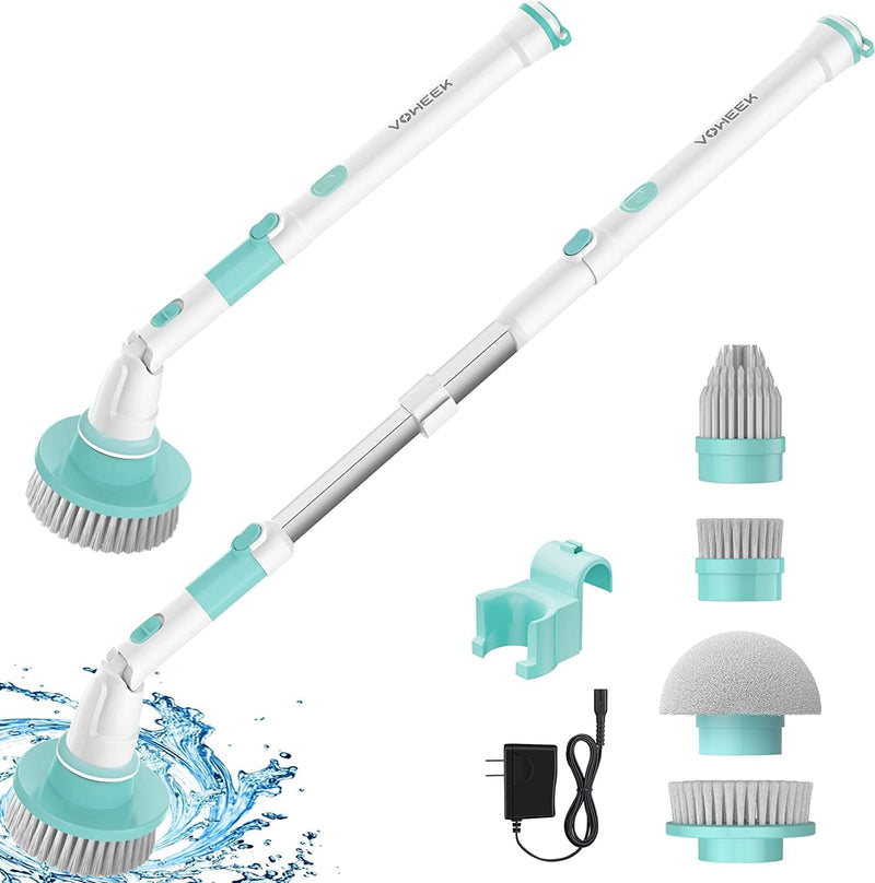 Electric Spin Scrubber, Voweek Cordless Cleaning Brush with Adjustable Extension Arm 4 Replaceable Cleaning Heads, Power Shower Scrubber for Bathroom, Tub, Tile, Floor Home & Garden > Household Supplies > Household Cleaning Supplies Voweek Green  
