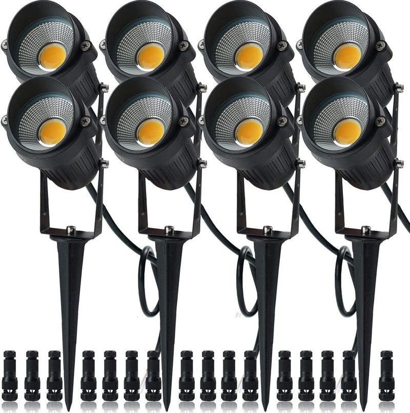ELEGLO 5W Low Voltage LED Landscape Lights,12V/24V AC/DC Landscape Lighting,Outdoor Lawn Tree Flag Spotlights with Spike Stand,Ip65 Waterproof Garden Pathway Lights (8 Pack Warm White with Connector)