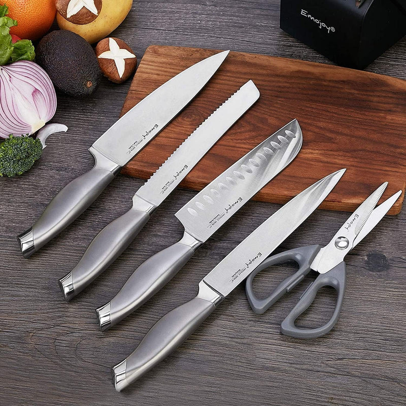 Emojoy Knife Set with Block, 15 Pieces Kitchen Knife Set with Built-In Sharpener, German Stainless Steel Sharp Chef Knife Set with Hollow Handle, Dishwasher Safe and Rust Proof, Grey
