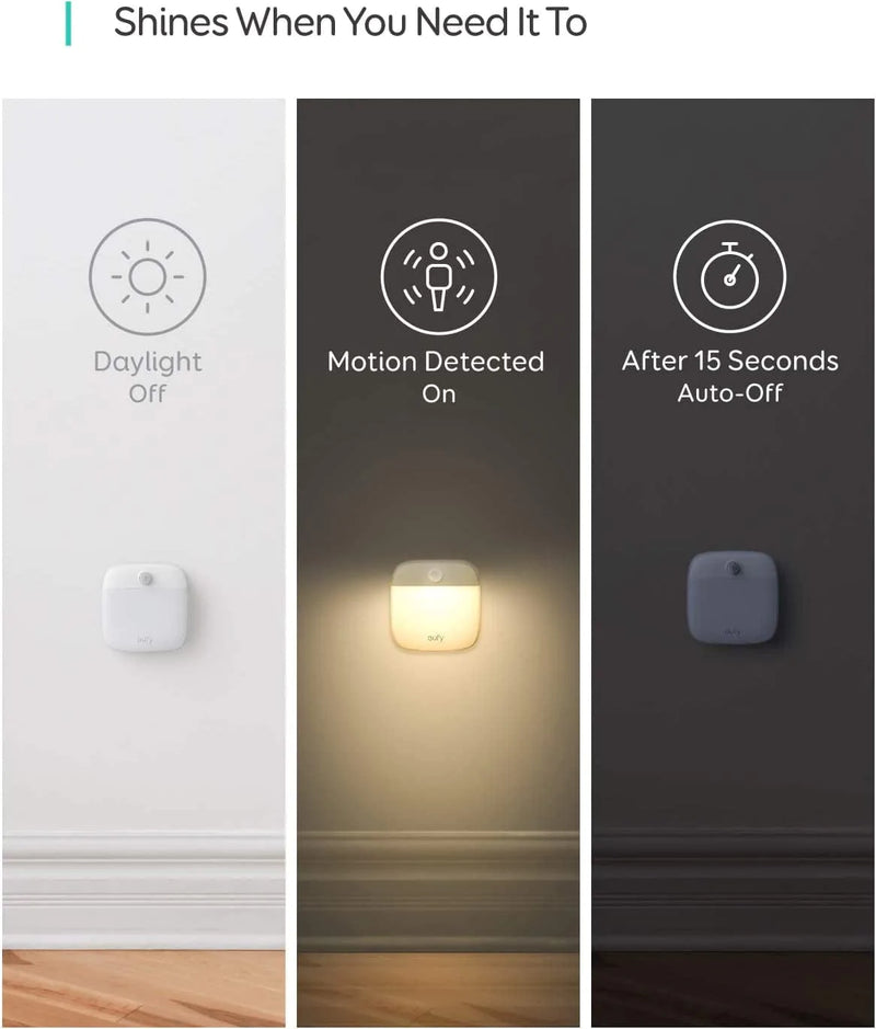 Eufy by Anker, Lumi Stick-On Night Light, 2Nd Generation Warm White LED, Motion Sensor, Bedroom, Bathroom, Kitchen, Hallway, Stairs, Energy Efficient, Compact, 3-Pack
