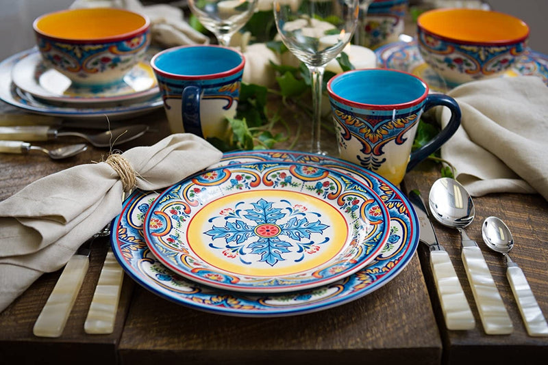 Euro Ceramica Zanzibar Collection 16 Piece Dinnerware Set Kitchen and Dining, Service for 4, Spanish Floral Design, Multicolor, Blue and Yellow Home & Garden > Kitchen & Dining > Tableware > Dinnerware Euro Ceramica   