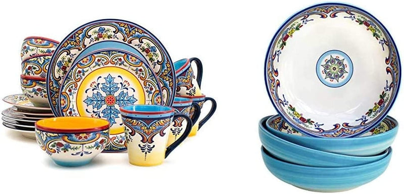 Euro Ceramica Zanzibar Collection 16 Piece Dinnerware Set Kitchen and Dining, Service for 4, Spanish Floral Design, Multicolor, Blue and Yellow