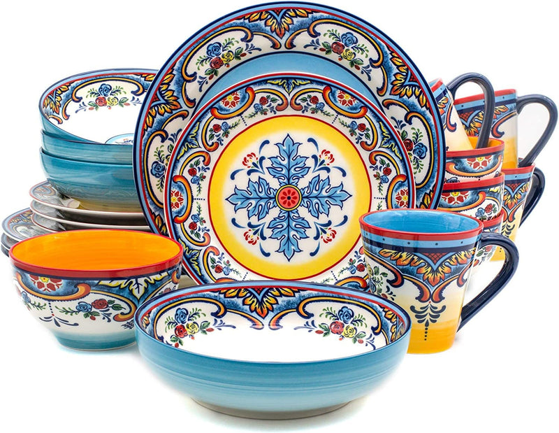 Euro Ceramica Zanzibar Collection Vibrant 20 Piece Oven Safe Stoneware Dinnerware Set, Service for 4, Spanish Floral Design, Multicolor