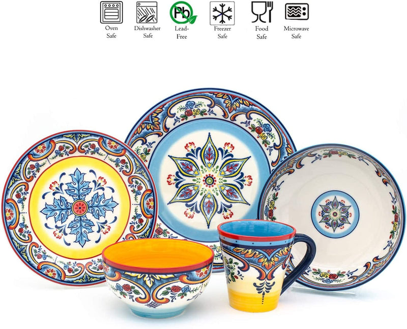 Euro Ceramica Zanzibar Collection Vibrant 20 Piece Oven Safe Stoneware Dinnerware Set, Service for 4, Spanish Floral Design, Multicolor Home & Garden > Kitchen & Dining > Tableware > Dinnerware Euro Ceramica   