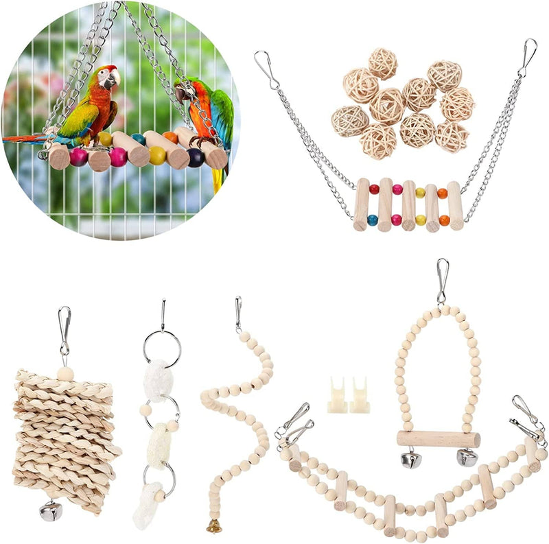 Eurobuy Parrots Chewing Toy Set Natural Wood Hanging Hammock Bird Cage Swing Toys Bird Cage Accessories for Parakeets Cockatiels