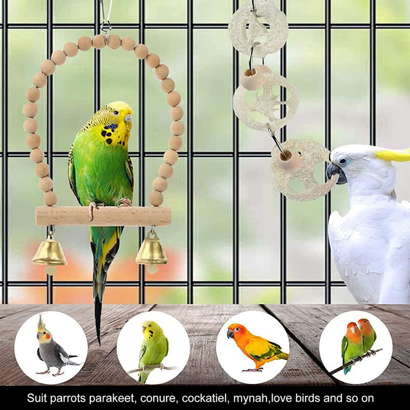 Eurobuy Parrots Chewing Toy Set Natural Wood Hanging Hammock Bird Cage Swing Toys Bird Cage Accessories for Parakeets Cockatiels
