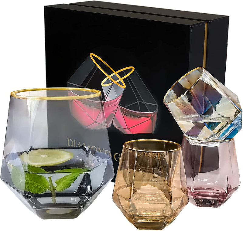 Diamond Whiskey Glasses, Set of 4 Rocks Glasses Gold Banded Cocktail Drinkware for Rum, Scotch, Bourbon or Wine Glasses, Tumblers Old Fashion Elegant Glass Father'S Day Gift for Dad Husband Men Family Home & Garden > Kitchen & Dining > Tableware > Drinkware MOJELO Multicolor  