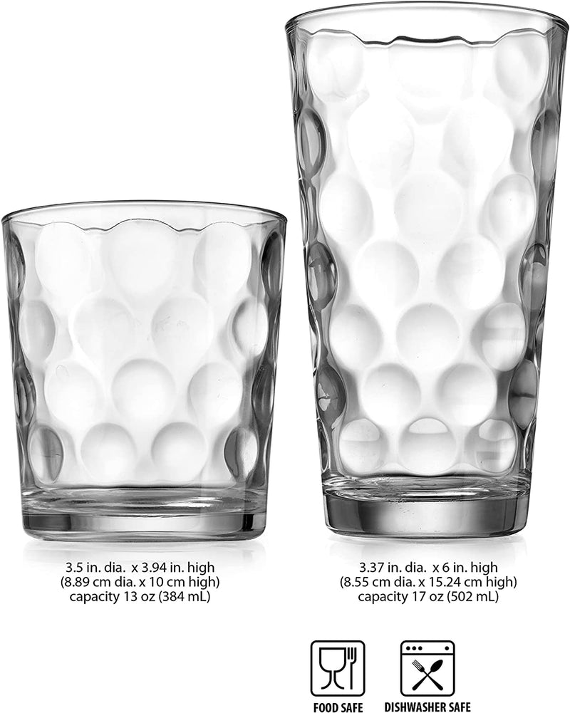 Drinking Glasses Set of 16 - by Home Essentials & beyond - 8 Highball Glasses (17 Oz.), 8 Rocks Whiskey Glass Cups (13 Oz.), Inner Circular Lensed Kitchen Glass Cups for Water, Juice and Cocktails.