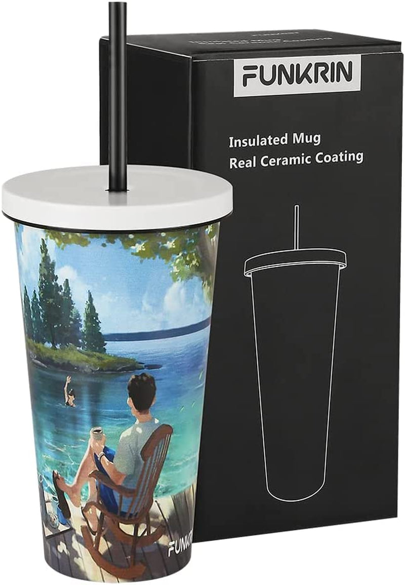 Funkrin Insulated Travel Coffee Mug with Ceramic Coating, Personalized Gifts for Men Women Kids, 16Oz Stainless Steel Tumbler with Flip Lid Portable Handle, Double Wall Leak-Proof Thermos Mug Home & Garden > Kitchen & Dining > Tableware > Drinkware Funkrin Swimming 18oz 