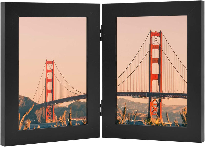 Frametory, 5X7 Hinged Picture Frame Displays 2 Photos, Double Frames with Glass, Side by Side Stands Vertically on Tabletop (Black) Home & Garden > Decor > Picture Frames Frametory Black 5x7 (1-Pack) 