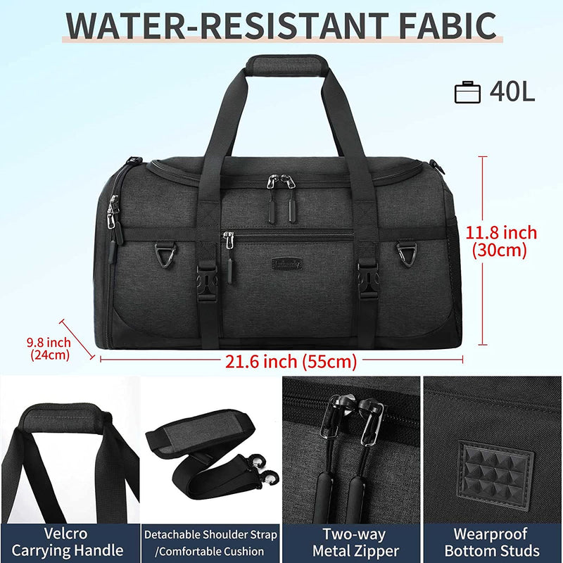 Gym Duffle Bag for Men 40L Waterproof Large Sports Bag with Quick-Drying Towel Travel Duffel Bags with Shoes Compartment and Wet Pocket Weekender Overnight Bag Men Women, Black