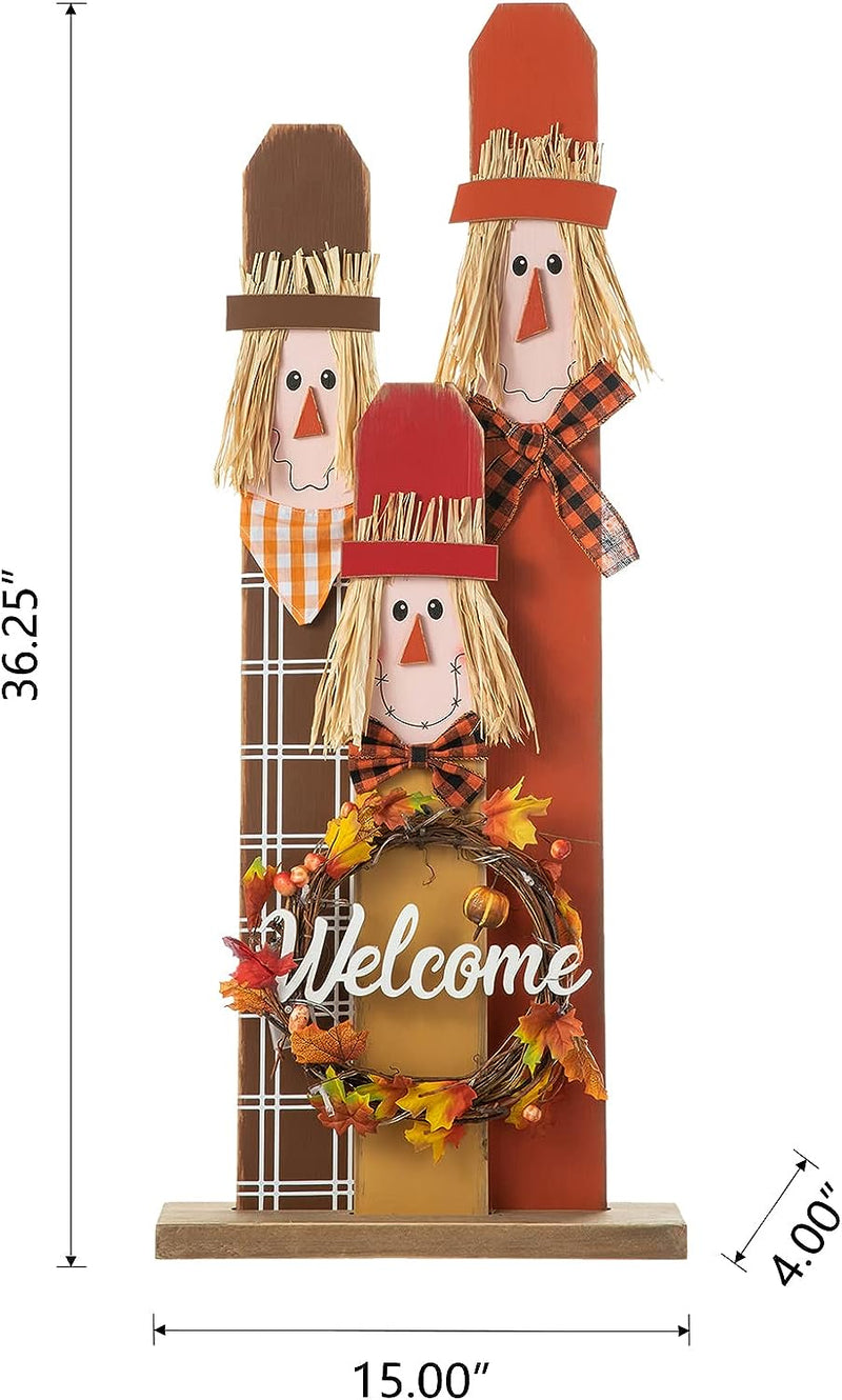 Glitzhome Fall Wooden Scarecrow Family with Wreath Porch Decor Rustic Fall Harvest Lighted Scarecrow Yard Sign Farmhouse Porch Sign Standing Decor for Fall Harvest Autumn Thanksgiving  Glitzhome   