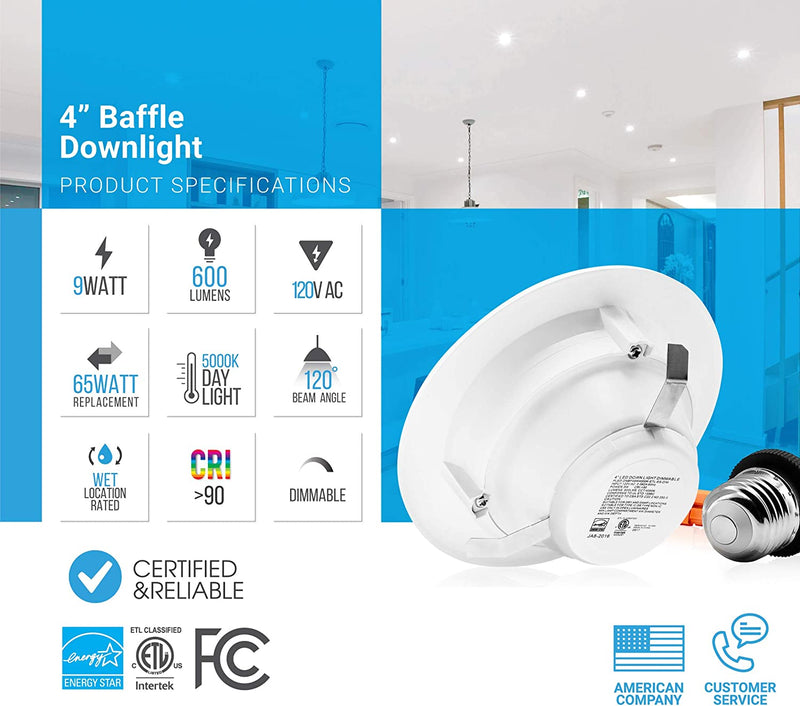PARMIDA (1 Pack) 4 Inch Dimmable LED Recessed Lighting, Retrofit Downlight, 9W (65W Replacement), 600Lm, Baffle Trim, Ceiling Can Lights, Energy Star & Etl-Listed, 5 Year Warranty, 5000K (Day Light) Home & Garden > Lighting > Flood & Spot Lights Parmida LED Technologies   