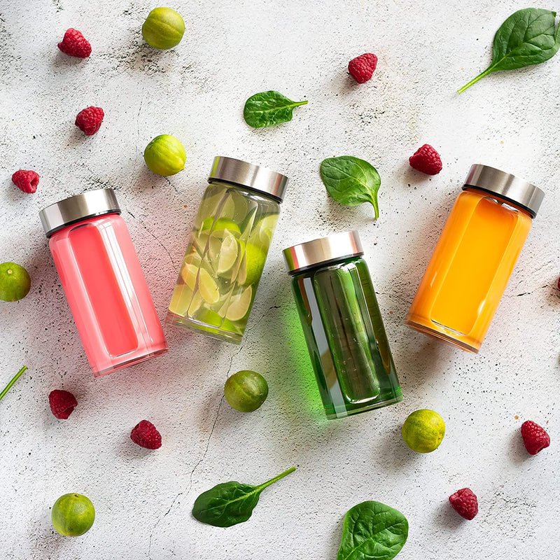 Juice Bottles - 4 Pack Wide Mouth Glass Bottles with Lids - for Juicing, Smoothies, Infused Water, Beverage Storage - 10Oz, BPA Free, Stainless Steel Lids, Leakproof, Reusable, Borosilicate Home & Garden > Decor > Decorative Jars All About Juicing   
