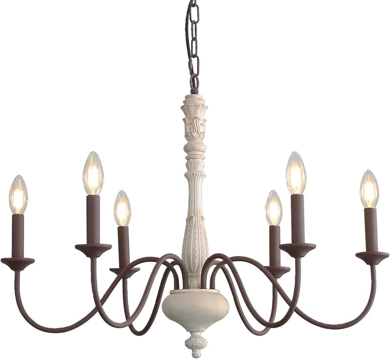 French Country Chandelier,6-Light Farmhouse Chandelier Vintage Candle Dining Room Lighting Fixture Brown White Antique Industrial Chandelier for Living Room Kitchen Island Foyer Bedroom Lighting Home & Garden > Lighting > Lighting Fixtures > Chandeliers Azkabu   