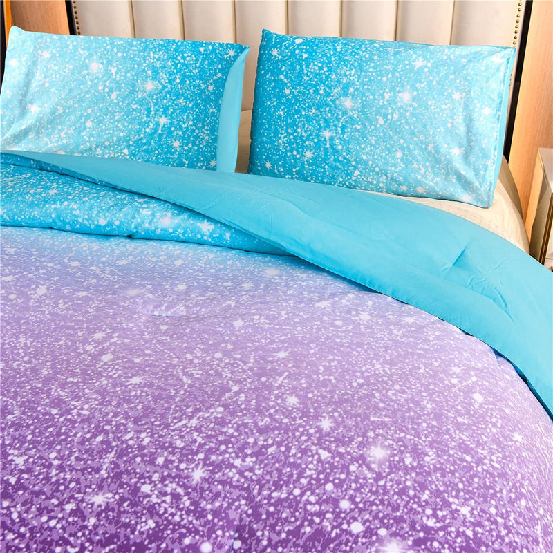 Holawakaka Kids Space Star Glitter Comforter Set Ombre Blue & Purple Print Gradient Bedding Set Full Size (Blue Purple, Full) Home & Garden > Linens & Bedding > Bedding Holawakaka   