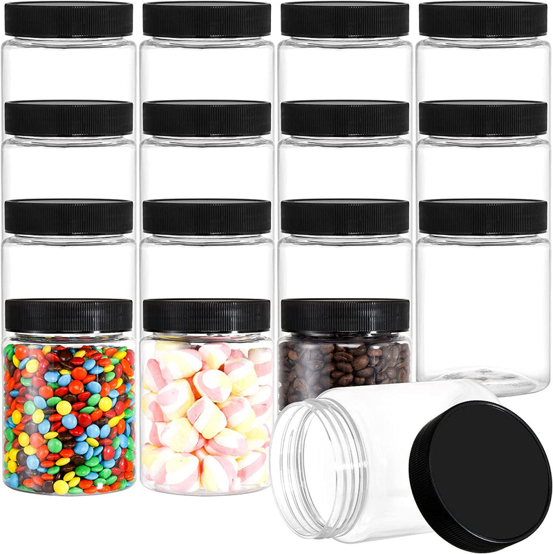 Tebery 16 Pack Clear Plastic Jars Bottles Canisters with White Ribbed Lids, 16OZ Straight Cylinders Storage Jars Empty Slime Cosmetics Containers for Kitchen Storage Spices Dry Food Body Butter Home & Garden > Decor > Decorative Jars Tebery Black Lids  