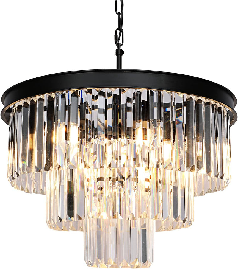 Weesalife Modern Crystal Chandeliers Contemporary Ceiling Lights Fixtures 9 Lights Farmhouse Pendant Lighting Dining Room Living Room 3-Tier Chandelier W19.7 Inches, Black Home & Garden > Lighting > Lighting Fixtures > Chandeliers ZYuan Lighting Black D20"  