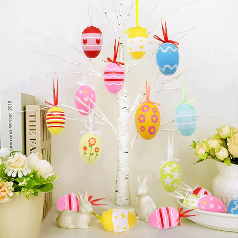 12 Pieces Hanging Plastic Easter Eggs - Assorted Colorful Eggs Hanging Ornaments for Easter Tree Decorations Egg Hunt Activity Kids Home Party DIY Crafts