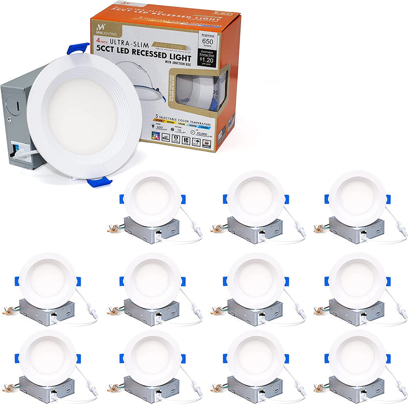 Mw 4 Inch Canless 5 Selectable Color Temperature Ultra-Slim Baffle round LED Downlight with Junction Box, 2700/3000/3500/4000/5000K, Dimmable, 650LM, Energy Star Home & Garden > Lighting > Flood & Spot Lights MW LIGHTING 12 PK  