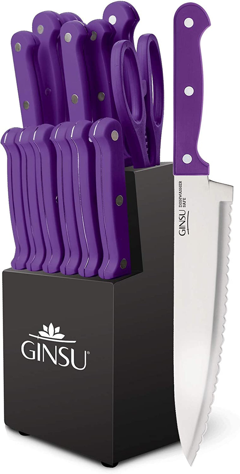 GINSU KIS-PU-DS-014-4 Kiso Dishwasher Safe Purple 14 Piece Knife Set with Black Block, 9" W X 15" H X 5" D Home & Garden > Kitchen & Dining > Kitchen Tools & Utensils > Kitchen Knives Ginsu Purple Dishwasher Safe Set 