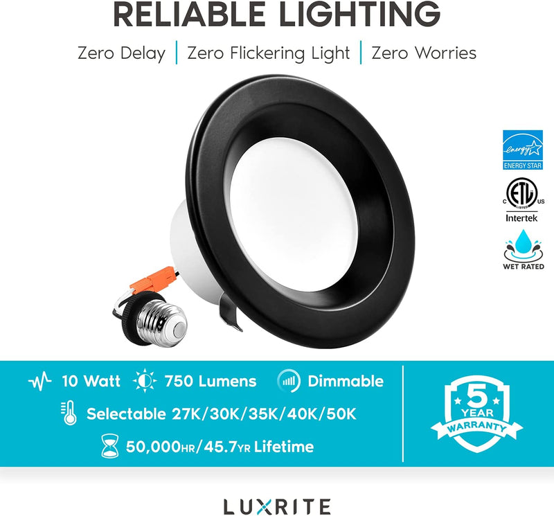 Luxrite 4 Inch LED Recessed Can Lights, 10W=60W, CCT Color Selectable 2700K | 3000K | 3500K | 4000K | 5000K, Dimmable Retrofit Downlights, 750 Lumens, Energy Star, Wet Rated, Black Trim (4 Pack)