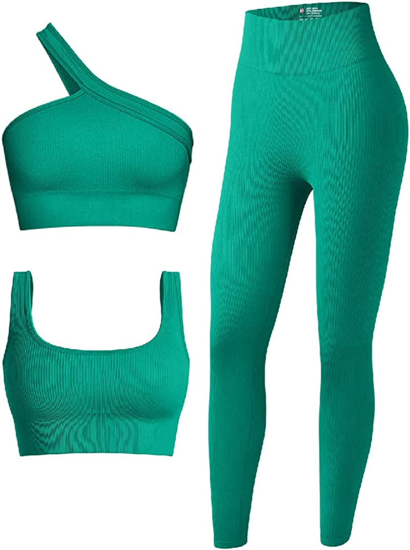 OQQ Women'S 3 Piece Outfits Ribbed Seamless Exercise Scoop Neck Sports Bra One Shoulder Tops High Waist Leggings Active Set Sporting Goods > Outdoor Recreation > Winter Sports & Activities OQQ Green Large 