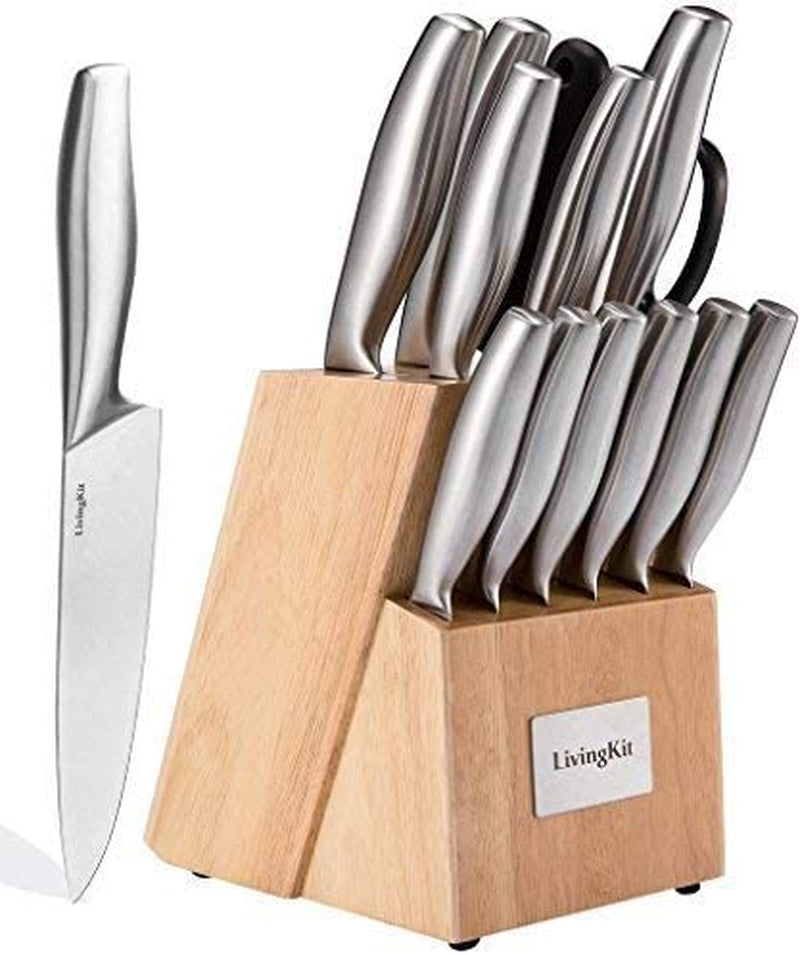 Livingkit Knife Block Set 14 Piece High Durability Stainless Steel Blades for Home Cooking Culinary School Commercial Kitchen