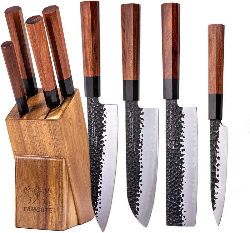 FAMCÜTE Japanese Chef Knife Set, 3 Layer 9CR18MOV Clad Steel W/Octagon Handle and Block Wooden Holder for 4Piece Kitchen Knife Set (8” Gyuto Knife, 7” Nakiri Knife, 7” Santoku Knife, 5” Utility Knife)