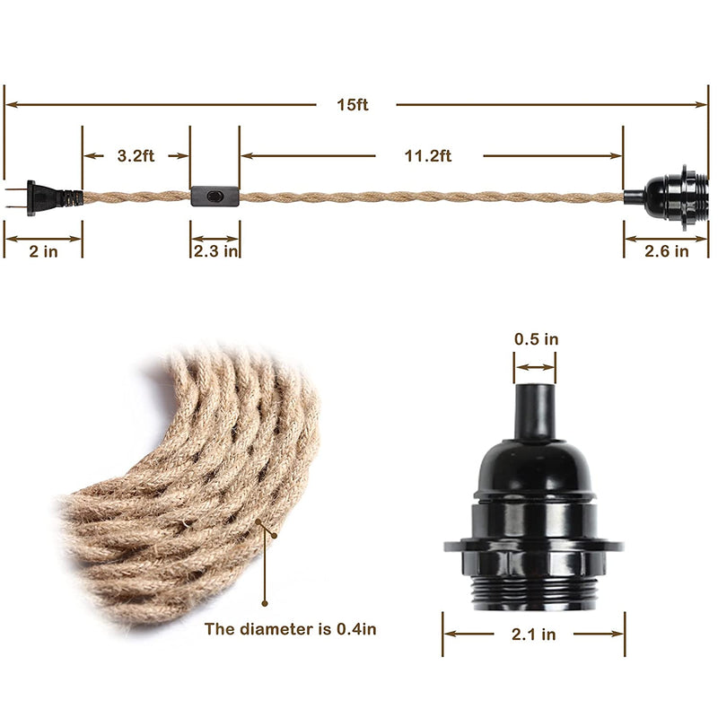 Pendant Rope Light Cord Kit with Switch Plug In, CHOOLE 15Ft Twisted Hemp Rope Hanging Light Kit, Industrial Pendant Lighting E26 Lamp Socket, Extension Cords for Retro DIY Project (15Ft, Hemp) Home & Garden > Lighting > Lighting Fixtures CHOOLE   