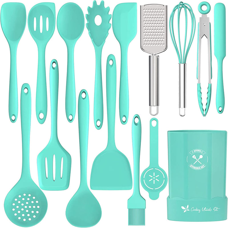 Silicone Kitchen Utensils Set, 16-Piece Silicone Cooking Utensils by Deedro, Heat Resistant Kitchen Tools Set with Holder, Nonstick Spatula Kitchen Gadgets for Cooking & Baking, Gray Home & Garden > Kitchen & Dining > Kitchen Tools & Utensils Deedro Green  