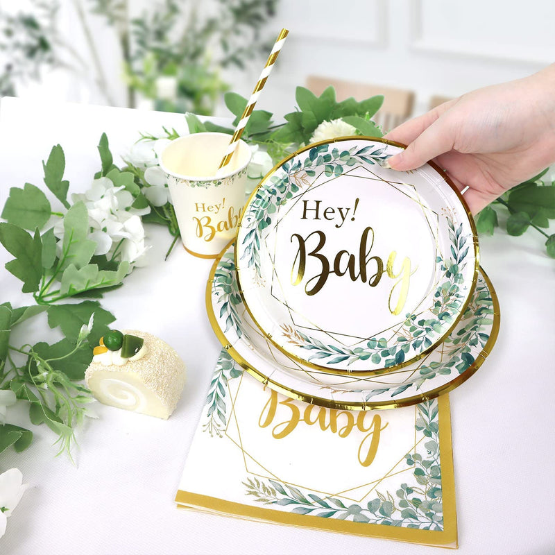 Sage Green Baby Shower Decorations Neutral Plates Set for 25 Guests, 125 Pieces of Paper Plates Cups Napkins Straws for Baby Shower Birthday Bridal Shower Jungle Theme Party Supplies