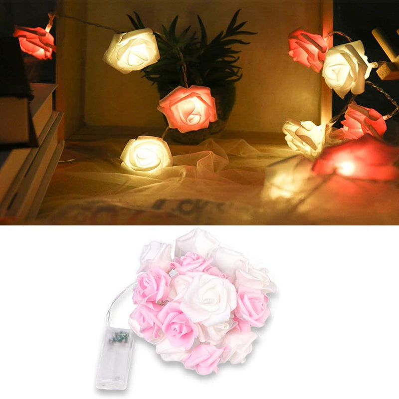 Rose Flower String Light 20 LED Rose String Fairy Lights Battery Operated 10Ft for Bedroom Indoor Valentine'S Day Wedding Festival Party Decoration (Pink + White) Home & Garden > Decor > Seasonal & Holiday Decorations SurVank   