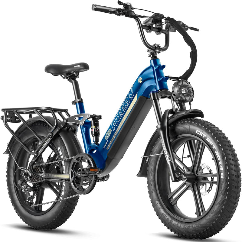 FREESKY Step-Thru Electric Bike for Adults 750W High-Speed Motor 48V 15AH Samsung Cell Battery, 20" Fat Tires Ebike 28MPH 35-80Miles Electric Commuter/City Cruiser Bike for Women, Full Suspension Ebike for Snow Sporting Goods > Outdoor Recreation > Cycling > Bicycles FREESKY Blue  