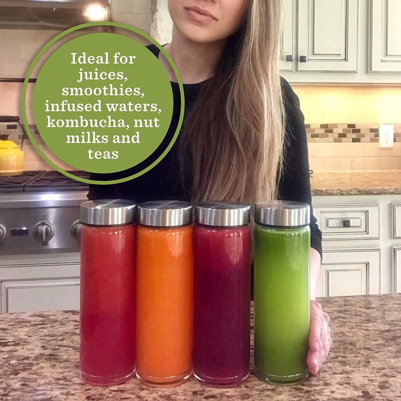 Juice Bottles - 4 Pack Wide Mouth Glass Bottles with Lids - for Juicing, Smoothies, Infused Water, Beverage Storage - 16Oz, BPA Free, Stainless Steel Lids, Leakproof, Reusable, Borosilicate Home & Garden > Decor > Decorative Jars All About Juicing   