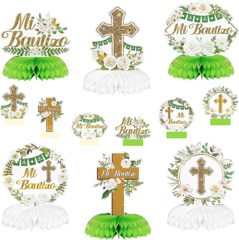 12Pcs Floral Mi Bautizo Cross Baptism Party Table Centerpiece Sage Blue Gold Baptism Religious Party Decor God Bless Christening Confirmation Party Photo Props for Girls Boys Baby Shower  RicaBili Green Gold  