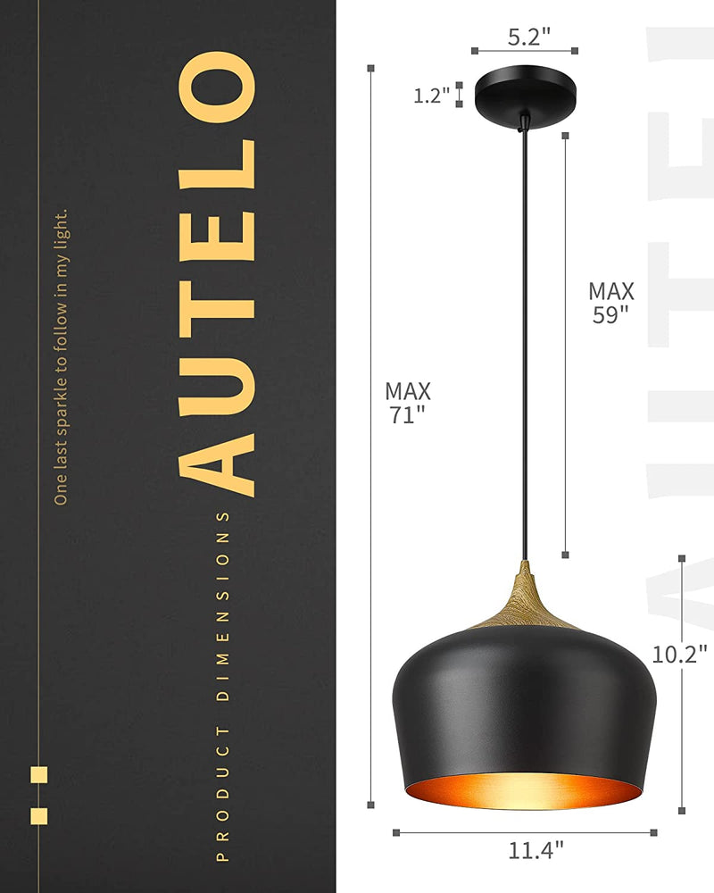 AUTELO Black Pendant Light, Industrial 1-Light Pendant Lighting in Matte Black and Wooden Grain Metal Finish, 11" Adjustable Hanging Light Fixtures for Kitchen Island Dining Room, H9005