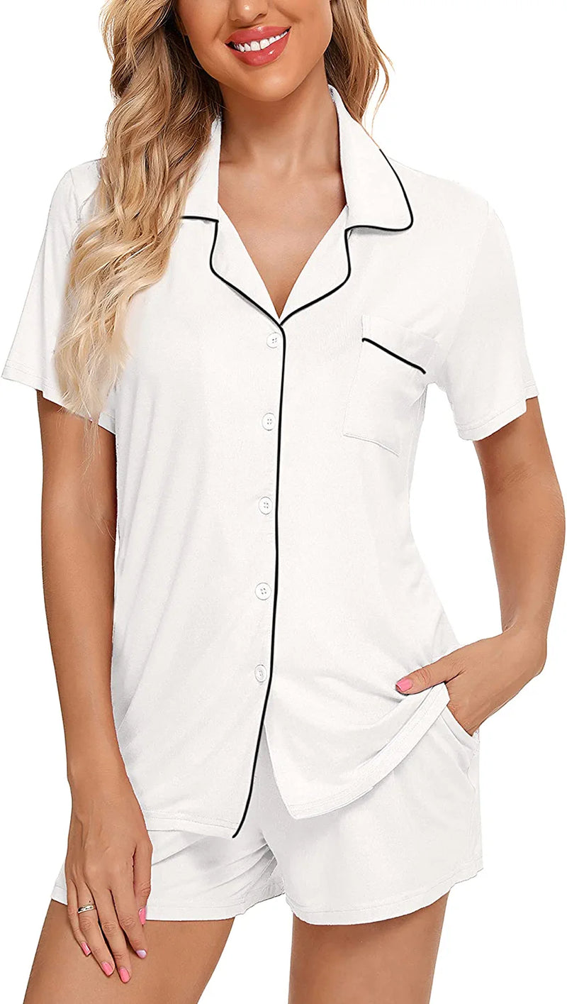 Samring Women'S Button down Pajama Set V-Neck Short Sleeve Sleepwear Soft Pj Sets S-XXL  Samring B Style Pants With Pockets-white Small 