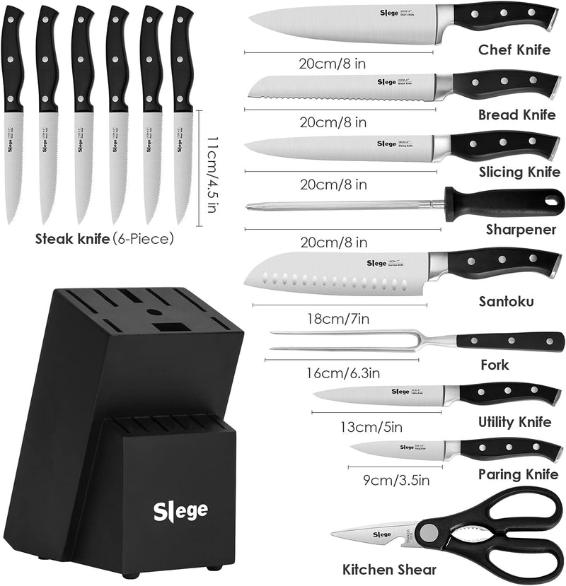 Knife Set, Slege 16-Pieces Kitchen Knife Set with Block, Stainless Steel Kitchen Knives with Sharpener, Kitchen Shears and Carving Fork, Black