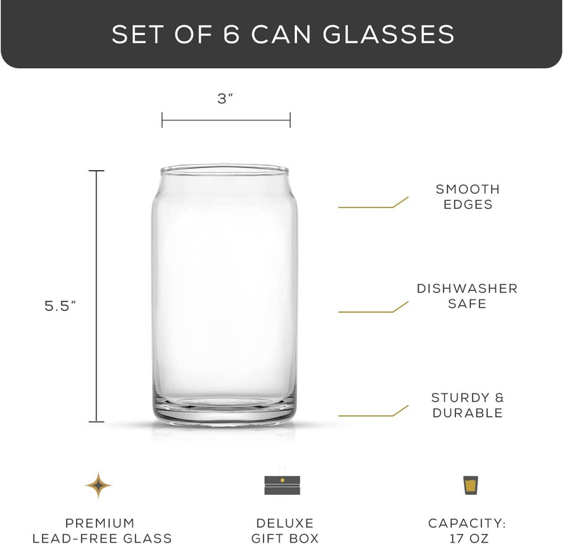 Joyjolt Drinking Glass Cups Set of 6 - 16Oz Beer Can Glasses. Clear Soda Can Shaped Glass Cups, Cute Iced Coffee Cup Tumblers, Cold Drink Glassware, Unique Water, Tea, Cocktail Glass Set