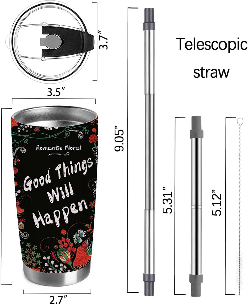 Qdkva Tropical Flower 20Oz Tumbler Cup Vacuum Insulated Stainless Steel Coffee Travel Mug with Lid Good Things Will Happen (Black Tropical Flower)