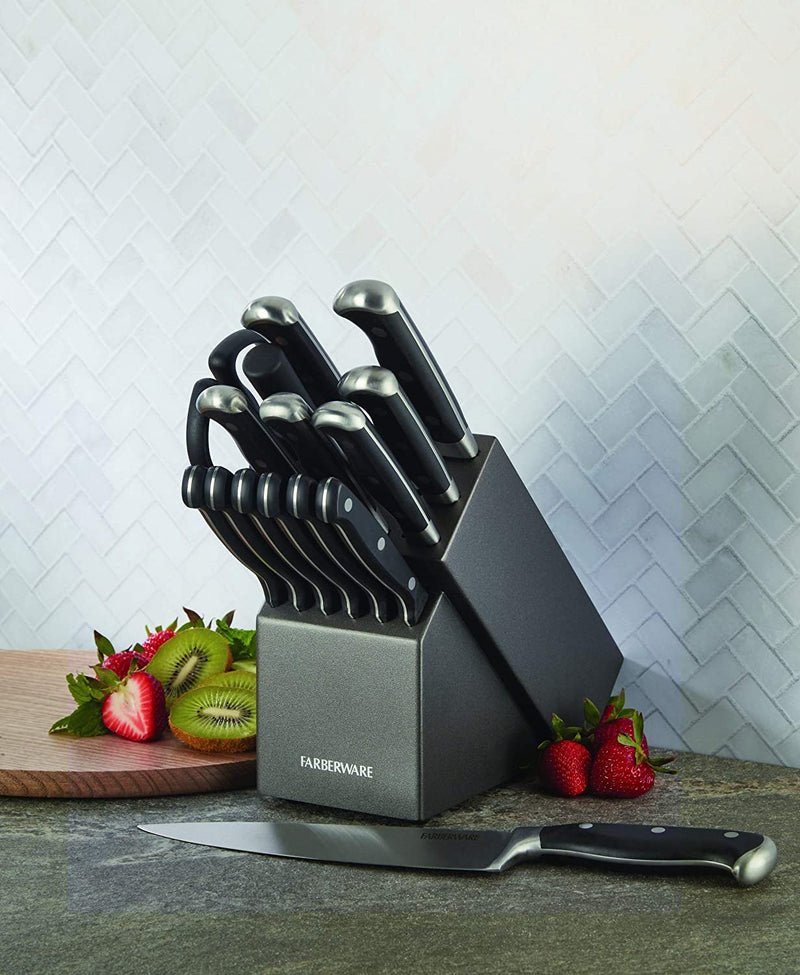 Farberware Forged Triple Riveted Knife Block Set, 15-Piece, Graphite