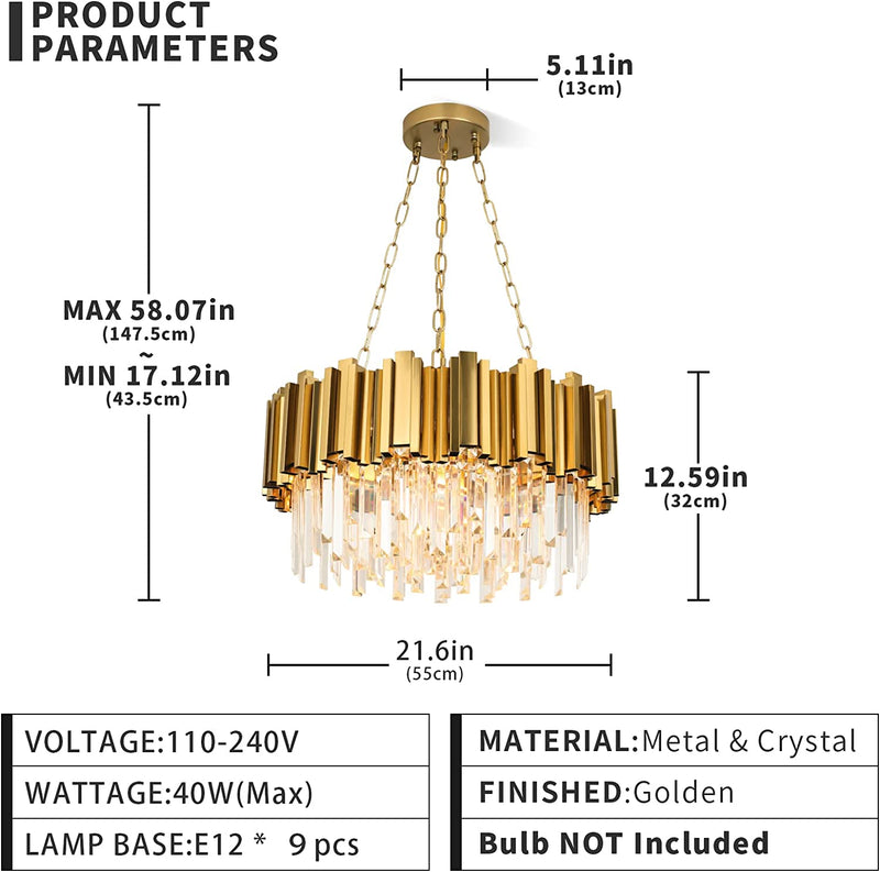Modern Chandeliers Crystal with Light Gold Crystal Chandelier Hanging Ceiling Light Fixture 9 Lights Chandelier Modern Crystal round Pendant Light Fixture Dining Room Living Room Bedroom W22In Home & Garden > Lighting > Lighting Fixtures > Chandeliers AKDXIRUN   
