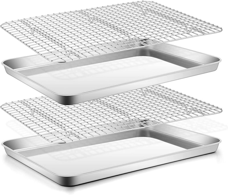 Stainless Steel Baking Sheet with Rack Set, E-Far 16”X12” Cookie Sheet Pan for Oven, Rimmed Metal Tray with Wire Cooling Rack for Cooking Roasting Resting Bacon Meat Steak - Dishwasher Safe Home & Garden > Kitchen & Dining > Cookware & Bakeware E-far 16”x12”  