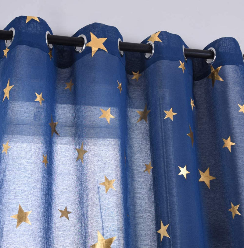 Kotile Star Themed Kids Room Sheer Curtains, Navy Blue Grommet Top Window Treatment with Twinkle Gold Stars Short Curtains for Bedroom, W52 X L63 Inches, 2 Panels
