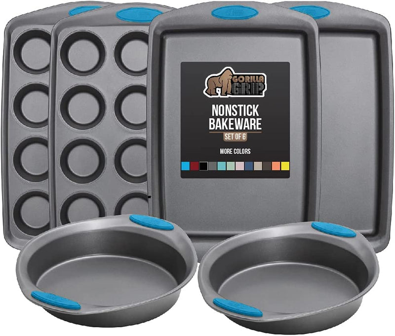 Gorilla Grip Nonstick, Heavy Duty, Carbon Steel Bakeware Sets, 4 Piece Kitchen Baking Set, Rust Resistant, Silicone Handles, 2 Large Cookie Sheets, 1 Roasting Pan and 1 Bread Loaf Pan, Turquoise Home & Garden > Kitchen & Dining > Cookware & Bakeware Hills Point Industries, LLC Aqua Bakeware Sets Set of 6