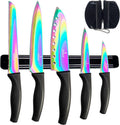 Stainless Steel Rainbow Knife Set - Titanium Coated Kitchen Starter Set with Utility Knife, Santoku, Bread, Chef, & Paring Knives with Black Sharpener Tool & Magnetic Mounting Rack - Silislick Home & Garden > Kitchen & Dining > Kitchen Tools & Utensils > Kitchen Knives SiliSlick® Black Handle | Black Rack  